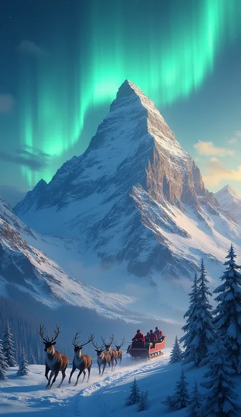 A towering mountain peak where Santa’s sleigh takes off into the glowing northern lights, reindeer galloping gracefully across the snowy ridge.