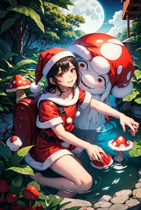 Santa Mushroom man, boy, black hair, white skin, krabi, red backpack, water bath, full moon night 