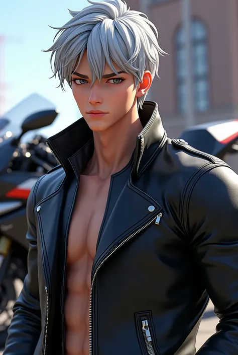 animation handsome boy black leather jacket silver hair grey pupils muscular body superbike