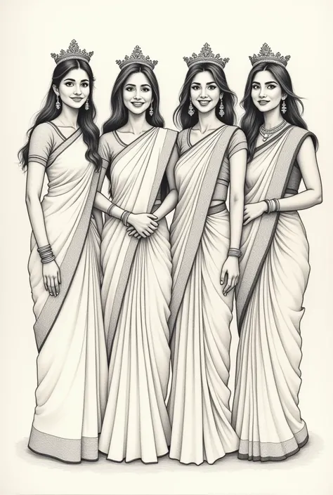 draw a portrait of four women standing side by side, begin by lightly sketching a horizontal line across your paper to keep their heads aligned, then divide the space into four sections for each figure. Start with oval shapes for the heads and sketch the b...