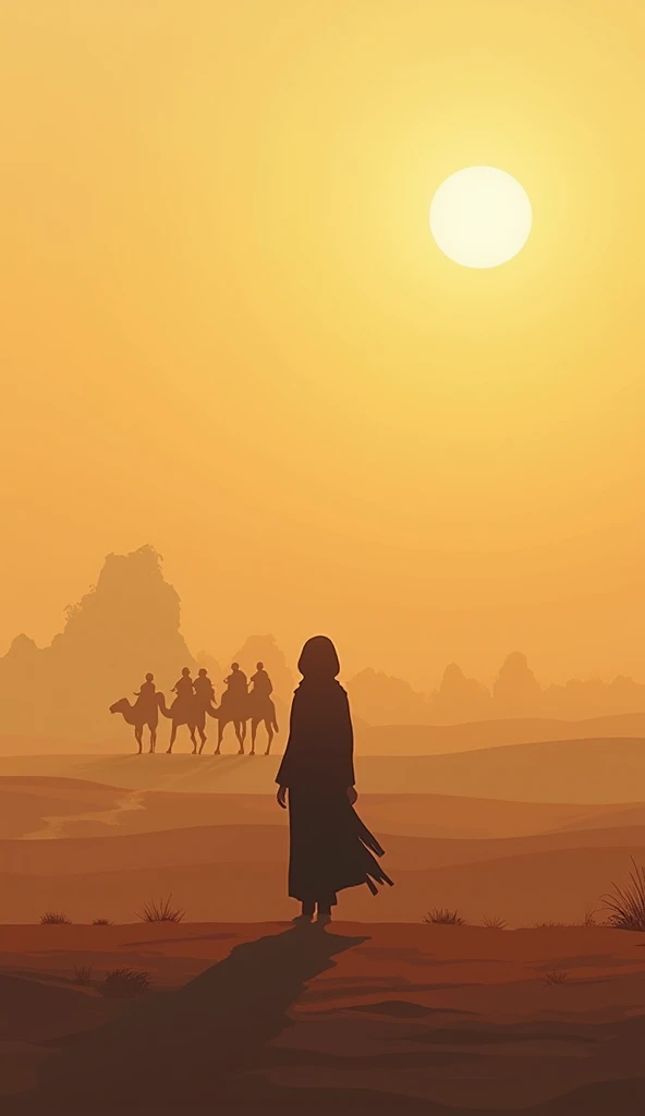 A wide view of the caravan moving away in the distance, with a few camels walking under the light of the setting sun. Aisyah is still in the background, unaware that she has been left behind. The focus is on her alone in the vast landscape, symbolizing her...