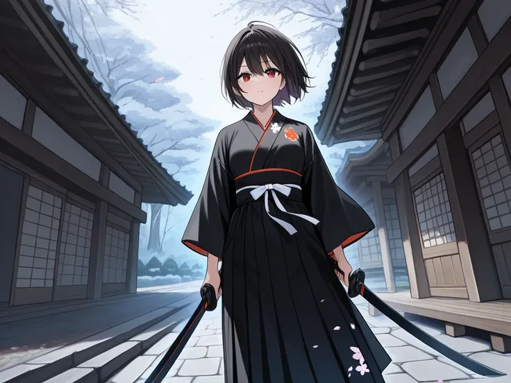 A dark-haired short-haired girl wearing a black short kimono wielding a large sword　Wind attribute　black wind effect 　The original scenery 　battle