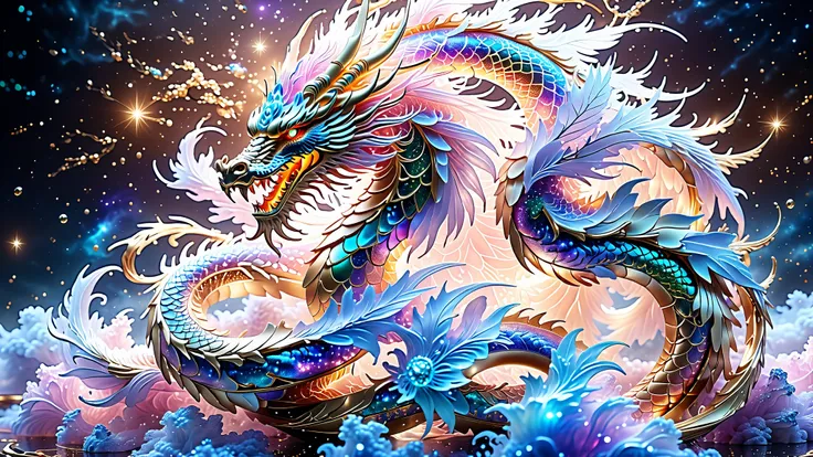 Generate A Dragon, Majestic Creature In The Style Of Fantasy And Celestial Art. The Creature Should Exude Magnificence, Featuring Scales Blended With Silky, Feathered Elements And A Shimmering, Iridescent Sheen. Add Ornate Patterns, Gem-Like Embellishments...