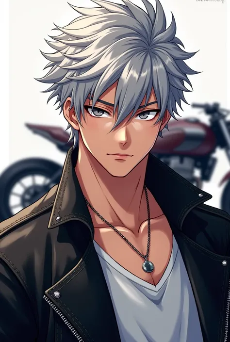 animation handsome boy black leather jacket silver hair grey pupils ruddy cheeks 
superbike