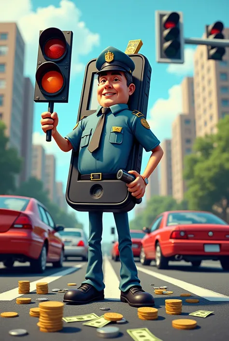  illustrates a cell phone shaped cop carrying a traffic light and a whistle is arranging money, coin, and an atm running in the middle of a traffic jam 