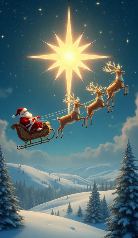 A glowing Christmas star above a snowy landscape, where Santa rides his sleigh pulled by reindeer flying between the twinkling constellations.