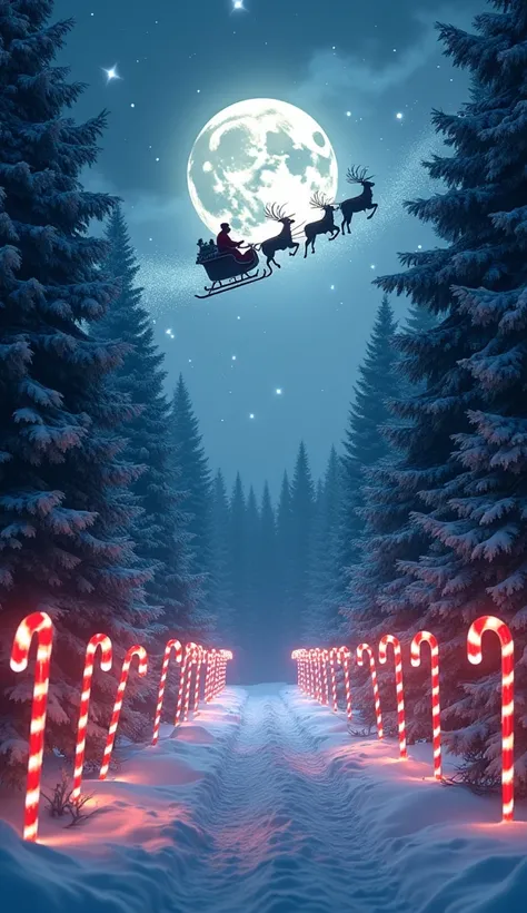 A moonlit forest with glowing candy canes lining the path, where Santa’s sleigh glides silently, and reindeer footprints leave trails of stardust.