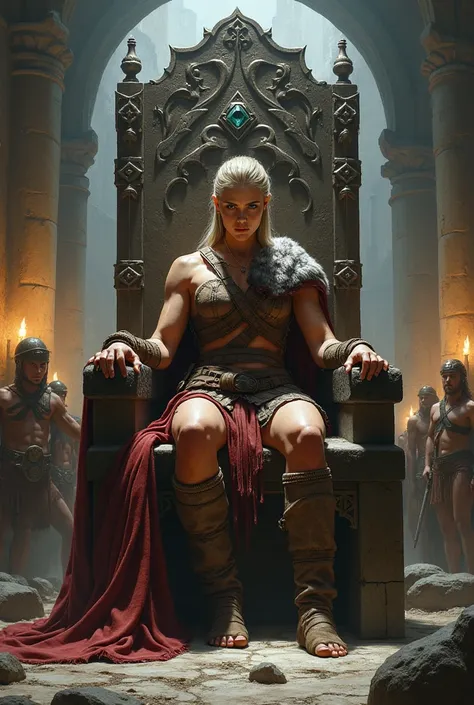 Ancient powerful barbarian women warrior who is sitting upon throne and ("one male warrior doing her leg message of her fear) in front of crowd. 