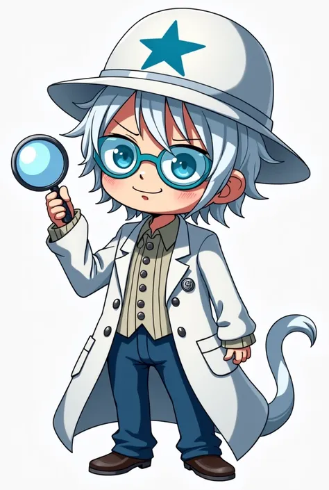 Ume is a dwarf tontatta from the anime One Piece,  with white doctors clothing ,  white hair and blue glasses ,  plus silver details that refer to ice, Add a tail  ,  in addition to having a hat with a star printed on it and add more details of a doctor an...