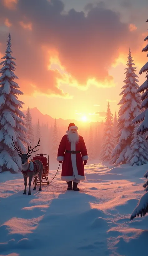 A snowy plateau bathed in golden sunlight, with Santa and his reindeer silhouetted against the glowing horizon, ready for their journey.