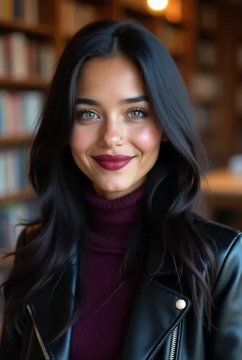 A detailed portrait of a young woman aged 17-20 with an inverted triangle face shape, tanned skin, and light blue eyes. She has long jet-black hair and a kind smile, with bow-shaped lips painted in burgundy red lipstick. She is wearing a black leather jack...