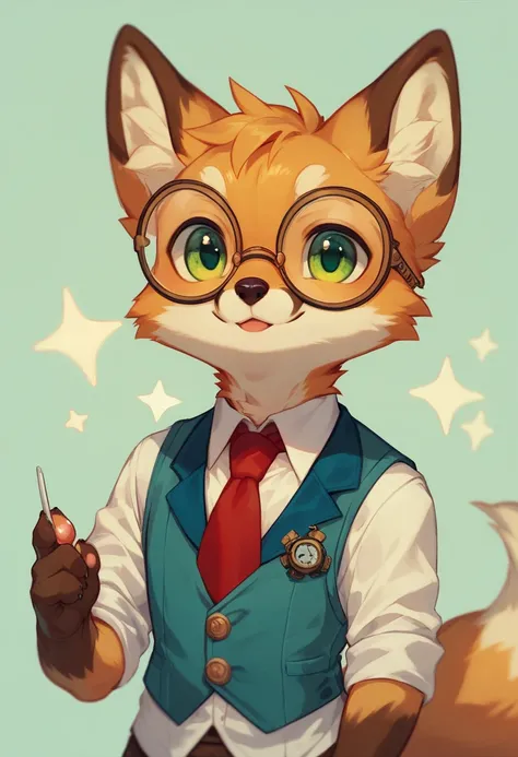 a male fox, solo, with glasses, green eyes, chibi, cute, blue knit vest, white shirt, red tie, steampunk, no background, white backgound