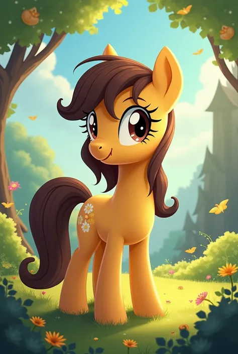 My little pony movie  pony character Lemon Hearts pony Dark Brown Color Hair and Light Orange BRown color body   disney style   with beautiful backgrounds