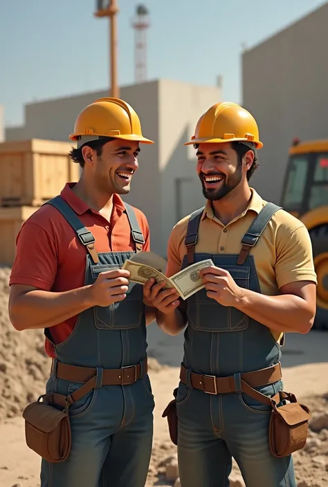 A realistic scene showing two construction workers receiving their income at an outdoor construction site. One worker is holding cash or a paycheck while smiling, and the other worker is excitedly looking at the money. The setting includes construction ele...