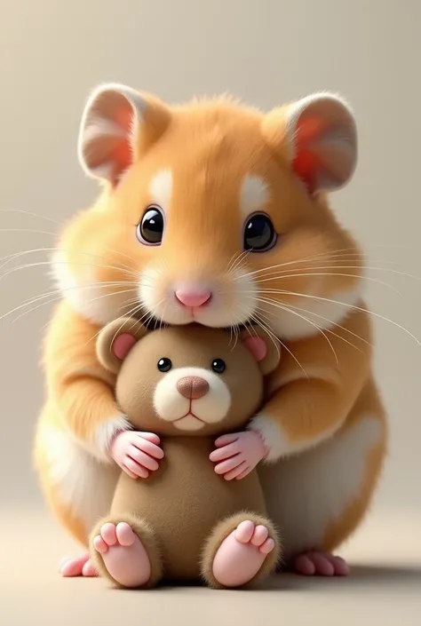 masterpiece, best quality, Photorealistic, realistic, photograph, Hamster holding a stuffed bear