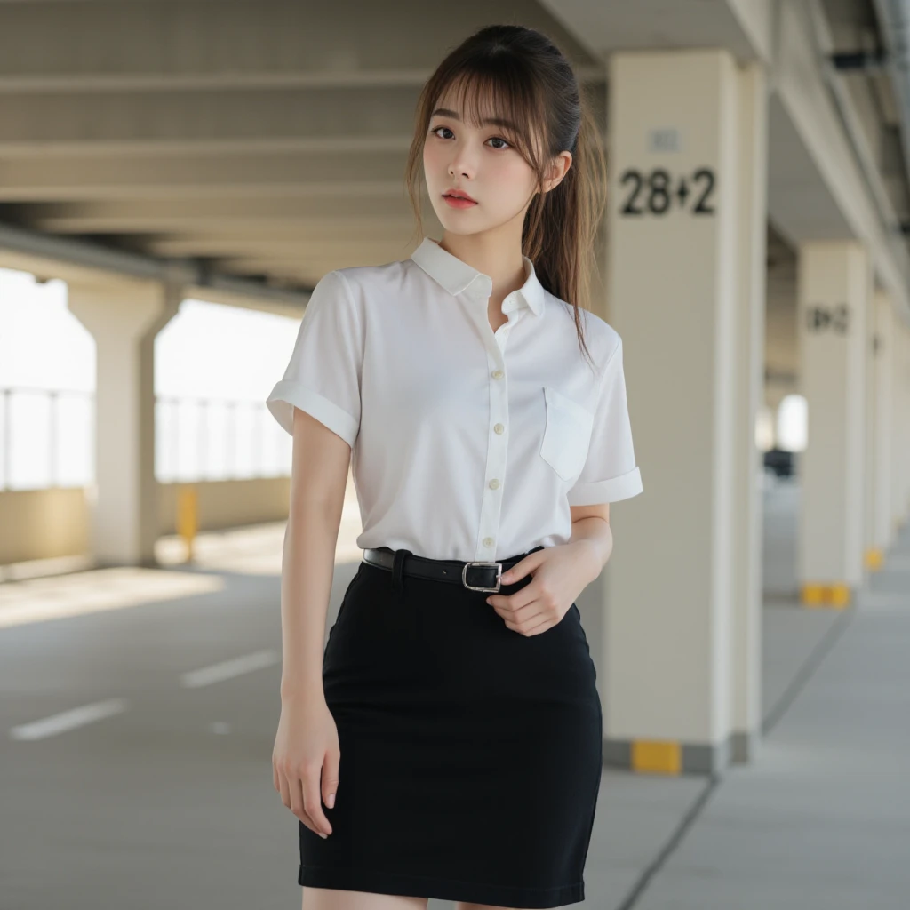 Professional 4K photos a woman stands in a parking garage. she dressed in a white short-sleeved collared six button-down shirt, thin blackbelt ,silver belt bucket ,black pencil skirt, and black boots. Her hair is styled in a ponytail, The woman is striking...