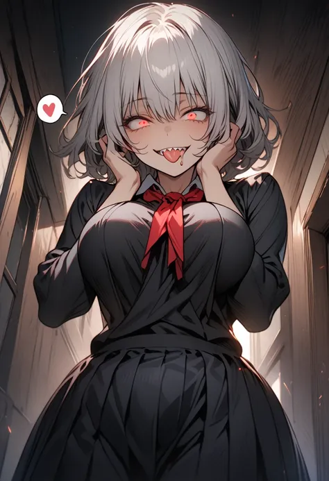 Masterpiece,best quality, (highly detailed CG illustration),very aesthetic,recent,detailed eyes,1 woman,matured female,(looking at viewer),glowing red eyes,silver short hair,(large breast:1.05),(black highschool uniform),half-closed eye,BREAK,(constricted ...