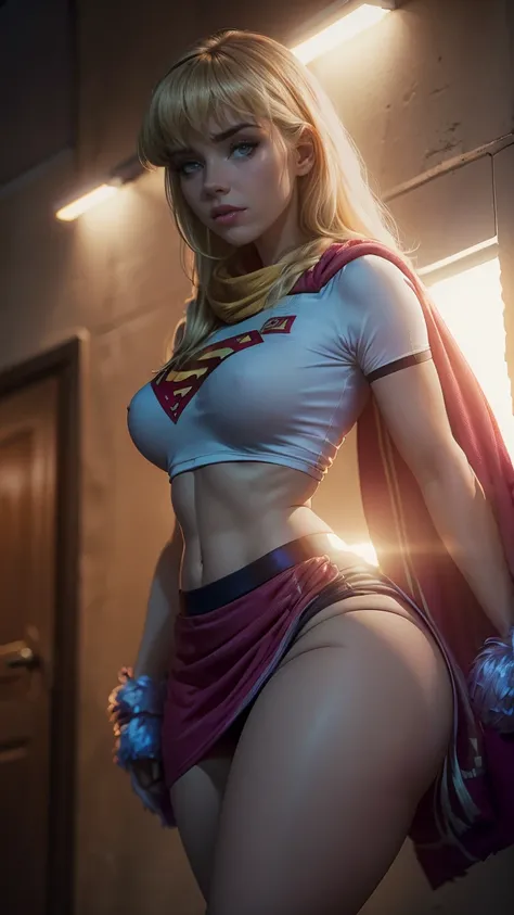 Supergirl,  long light hair ,   seductive look  , ((  big breast scarf ,  wide hips,  big buttocks))   full-length woolen sweater ,  ((its night ,  and spotlights provide lighting )) (( dressed in a cheerleader uniform ,  short skirt, wide thigh length sto...