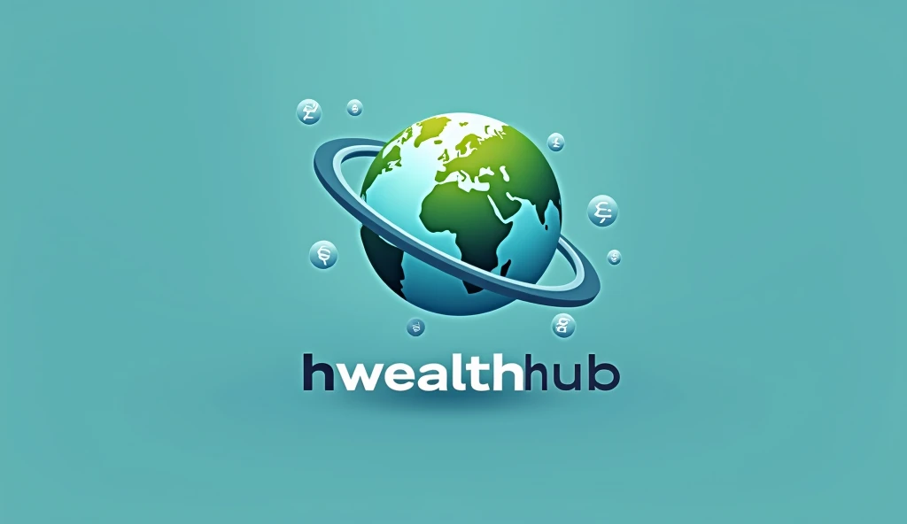 Create a globe icon with subtle currency symbols (₹, $, €) orbiting around it and the letter H at the center. Use gradient blue and green to emphasize a global financial perspective. Pair the globe with the text HwealthHub in clean, modern font. Ensure the...