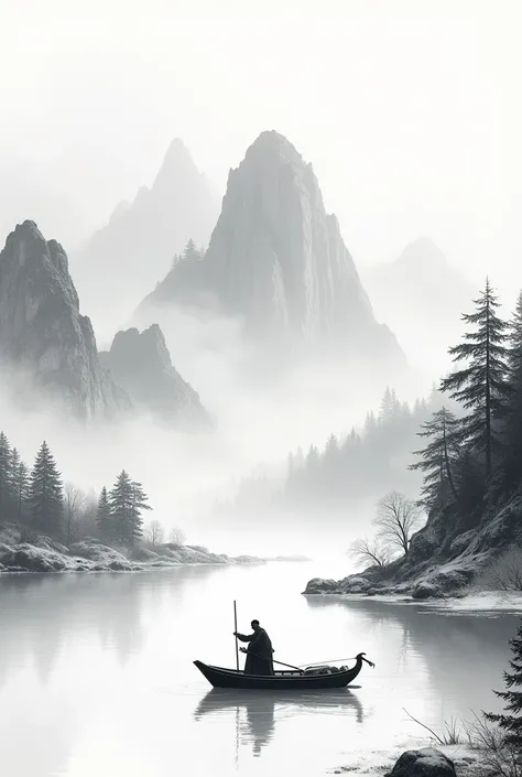  Traditional Chinese Style ，Black and white Chinese
ink painting, water ink、ink、 stains、 winters ， snows， OYUKI in the distance 、Mountain on all sides 々 is covered in thick snow ， on an empty, wide, irregular circular lake、 on a lonely ship 、 an old man in...