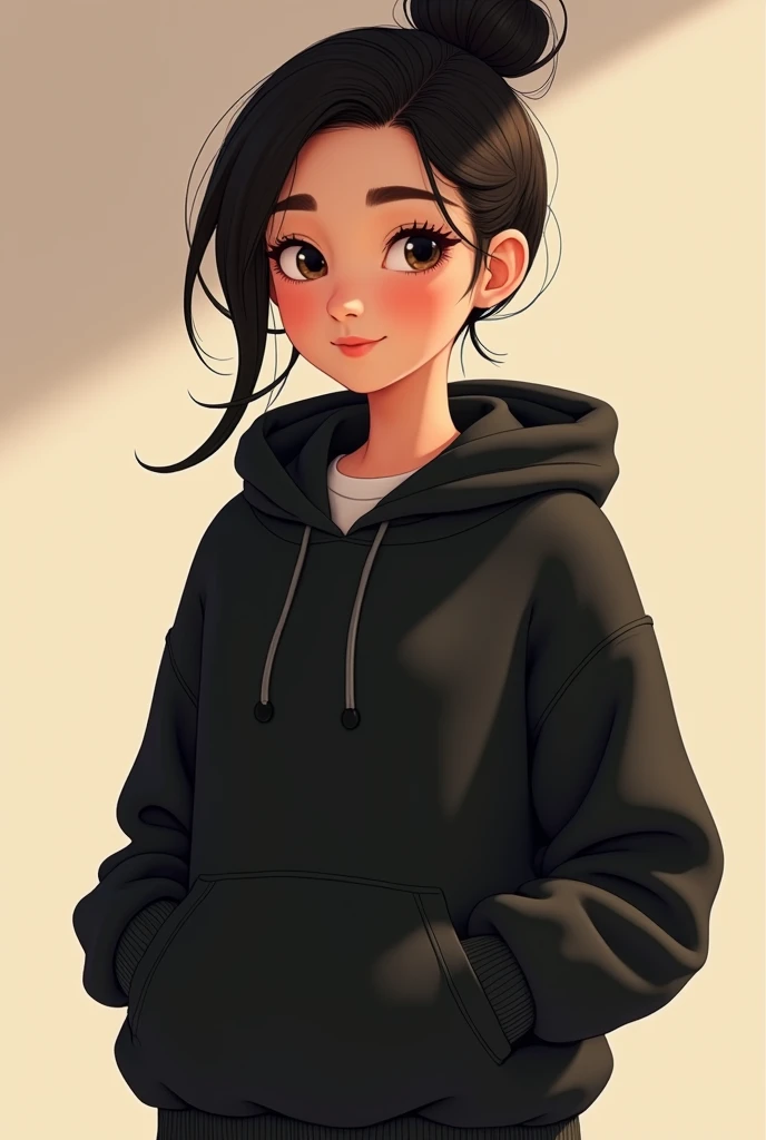 Adult female, large black hoodie, long hair bundle ,  small size chest, Slightly small height, Cuteness, animated film