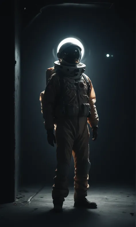 score_9, score_8_up, score_7_up, score_6_up, photo, realism, photorealistic, mutant, male, skinny, black silhouette, space suit, standing in shadow, dark corridor, space station, gloomy, low light, black background, depth of field, bokeh