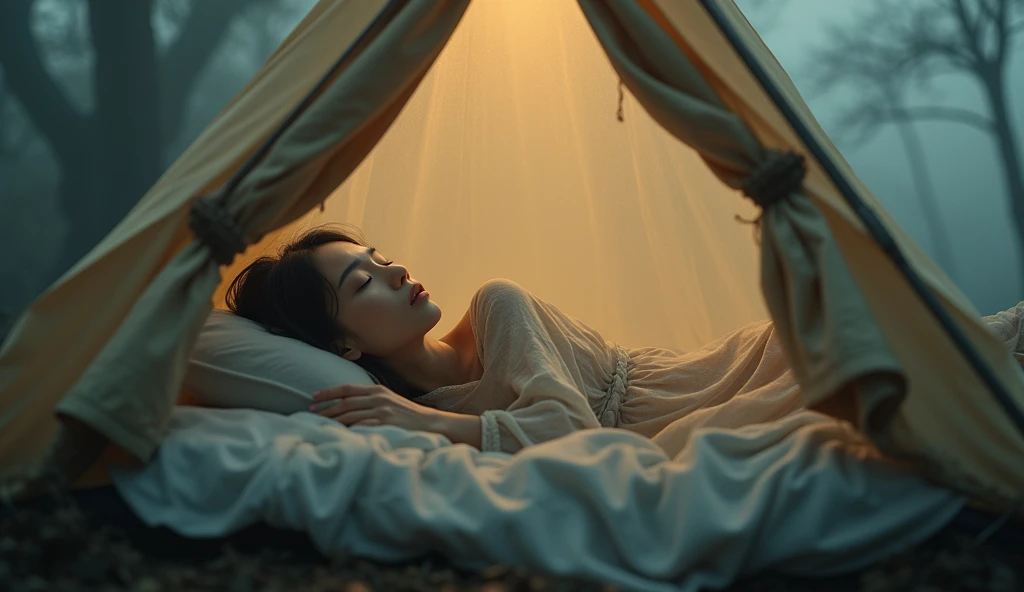 night, Beautiful Asian woman sleeping wearing a thin nightgown in a tent, foggy, misty, 