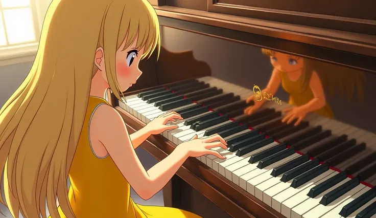 Imagery, piano keys and the hands of a young girl playing the piano. The girl has long blond hair, bangs on her forehead, and is wearing a yellow evening dress. The back of the keys is a mirror, with reflections of her hands. avoid abnormal images finger. ...