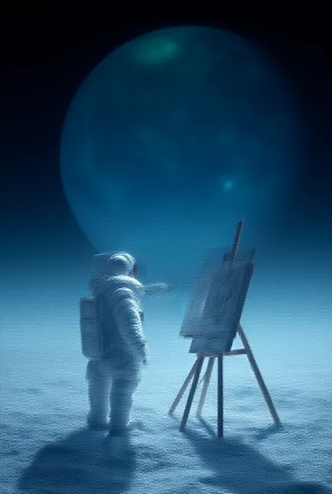 An astronaut with an easel and paintbrushes, painting a scene of the Earth seen from the Moon