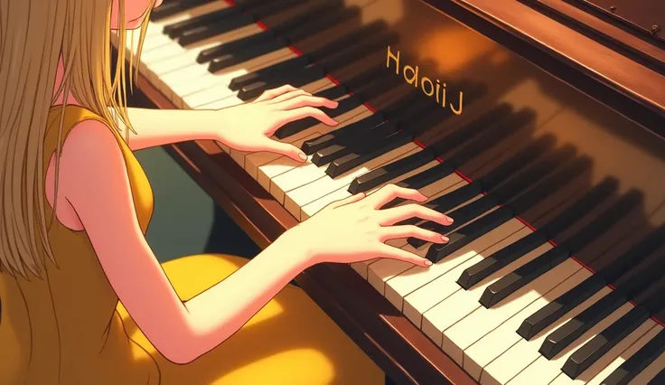 Imagery, piano keys and the hands of a young girl playing the piano. The girl has long blond hair, bangs on her forehead, and is wearing a yellow evening dress. The back of the keys is a mirror, with reflections of her hands. avoid abnormal images finger. ...