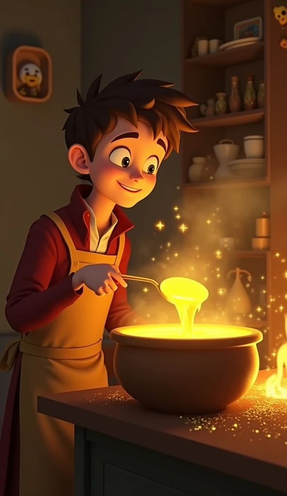 Video Prompt 3: Honey Stew Pouring

As Bastian stirs the cauldron, he ladles a portion of the glowing golden honey stew into a wooden bowl. The camera follows the honey’s slow pour, capturing the glowing liquid as it moves, casting a warm golden hue across...