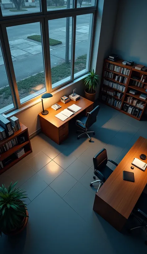  ultra realistic style，16K quality，Aerial shot of the principals office ，A scene from the principals office inside the school on a cloudy evening ， of the principals office inside the school，desk、chair，bookshelf