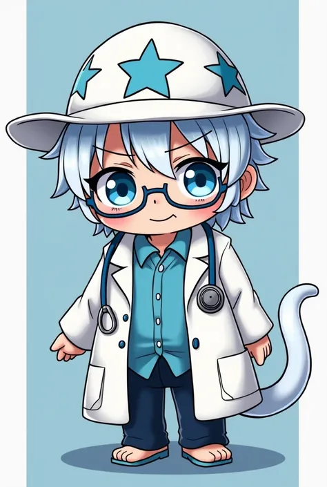 Ume de um tontatta (Dwarf nosed ) do anime one piece,  with white doctors clothing ,  white hair and blue glasses ,  plus silver details that refer to ice, Add a thick tail ,  in addition to having a detective hat with stars printed on it and add more deta...