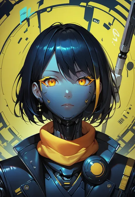 One woman, mature, anime, female anime character, amber eyes, yellow eyeliner, expressionless, black short hair swept over left eye, sharp face,artificial skin, black slim mechanical body frame, a loose jacket, a black fastened scarf, joints, mechanical ne...