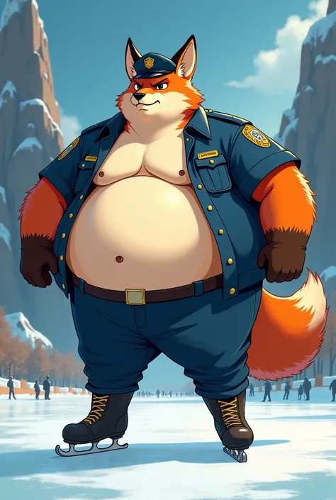  Nick the young fox in Zootopia 。Fox Beastman。Ice skater。 Ultimate Overweight Mans Super Obese Body 。Man&#39;s chest。4 heads。 tall 120 centimeters。 ice skating 。Ice skaterのユニフォームを着ている。Ice skaterのユニフォームを着ている。Wearing a police uniform。 handsome。 they have ser...