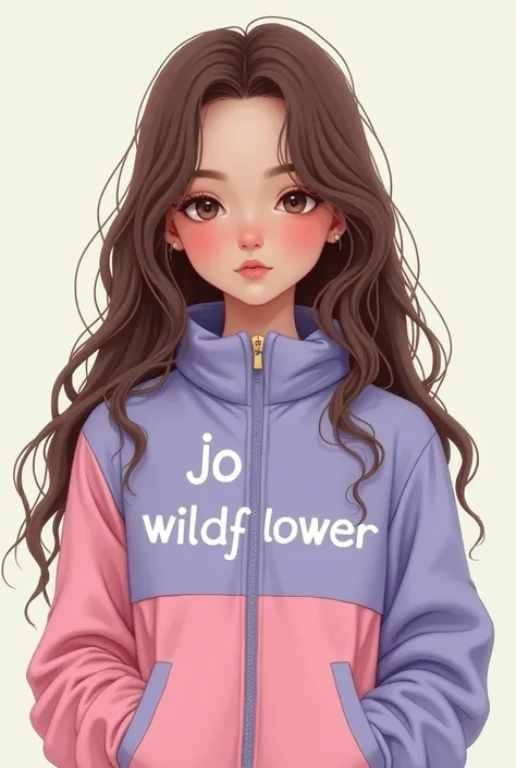 A girl with long brown hair and wearing a half light lavander half pastel pink jacket that says “Jo WILDFLOWER”