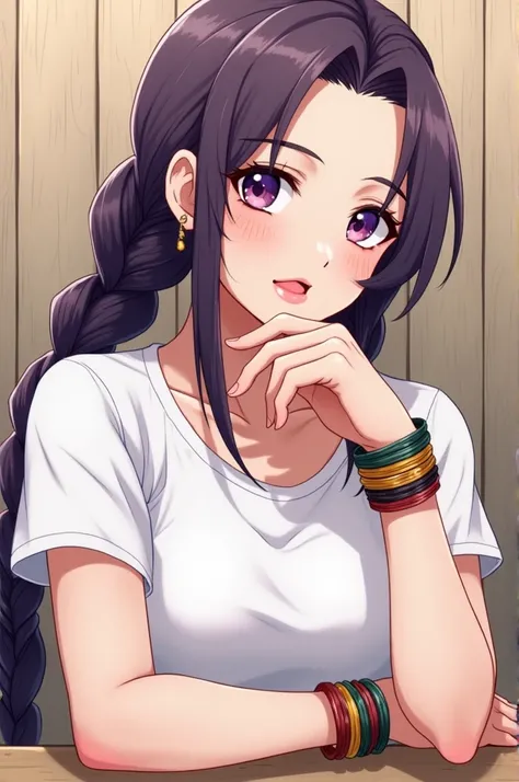 Anime-style illustration of a young woman with long, purple braided hair, resembling the facial features of a real person with smooth skin, full lips, and confident eyes. She is posed elegantly with her chin resting gently on her hand. She wears a casual w...