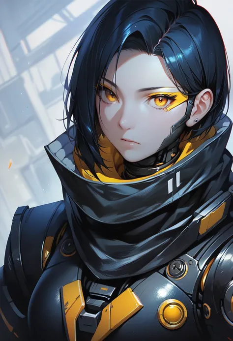 One woman, mature, anime, female anime character, amber eyes, yellow eyeliner, expressionless, black short hair swept over left eye, sharp face,artificial skin, black slim mechanical body frame, a loose jacket, a black fastened scarf, joints, mechanical ne...