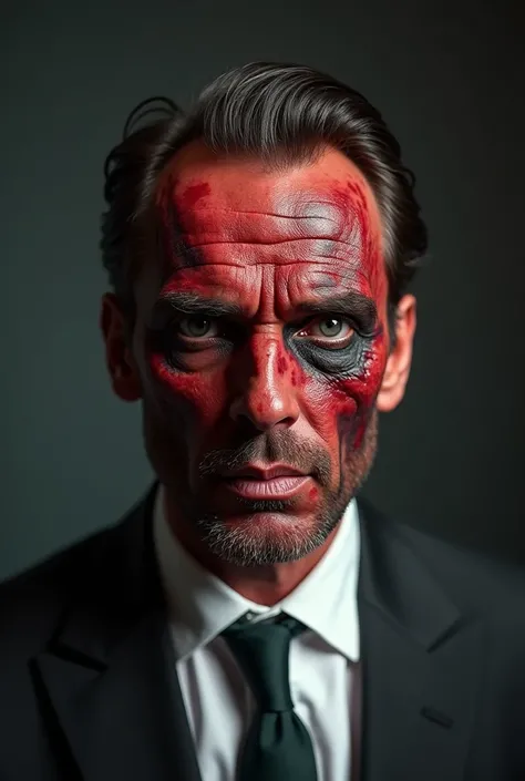 A man with a diabolical face  ,  unhealed burns on his face ,   Burnt skin , red, in an elegant suit ,  showing a unique and modern look .  The skin seems to have been exposed to fire ,  with visible burn marks,  in a state of malnutrition , 