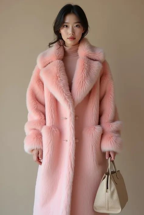 Hyperrealistic photography. a beautiful asian woman in a pink  long fur coat holding a bag, in the style of 
yigal ozeri, wearing hijab,made of cheese, eye-catching, delicacy of touch, bold curves, soviet, dark 
white and dark beige --ar 85:128 