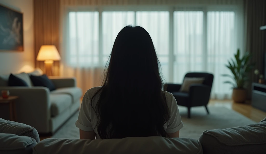 Close-up shot of a 30-year-old Korean woman, long black hair, pale skin, sitting on a modern sofa in a minimalist, contemporary apartment. Her back is turned to the camera, and she appears lost in thought, reflecting sadness and despair. The room is softly...