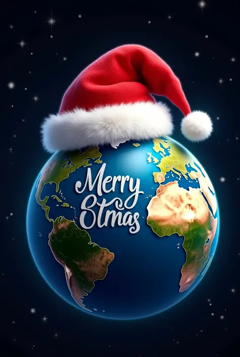  Earth is wearing a Christmas Santa Claus hat, Earth Seen from Space , Earth is wearing a Christmas hat 。The Earth has the letters " Merry Christmas " written on it