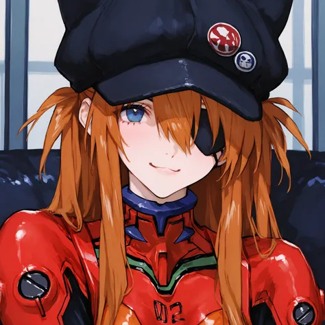  top quality , masterpiece,   748cm style  ,   1 girl,  Neon Genesis Evangelion 、   Shikinami Asuka Langley、   blue eyes、 red plug suit   、   eye patch、(Cat hat、black)、smile、 、 upper body、