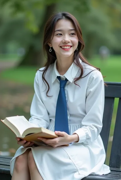 A beautiful teenage  wearing a white  frock and a blue tie sitting on a bench holding a book from both of her hands looking with a nice smile.Wet and soaked clothes. Attractive feminine form. DSLR quality realistic image. background bokeh.