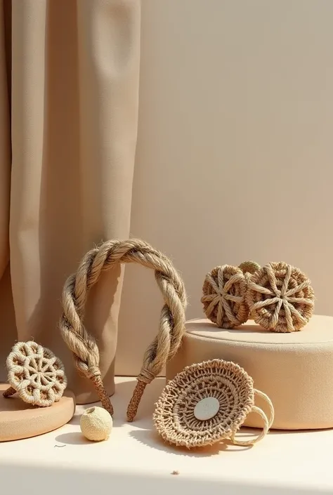 Create an image of hairband,hairclipsand brooches,pin that made of jute