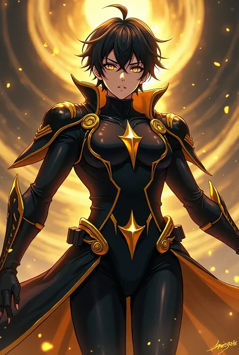 Create an image of a black and gold anime 