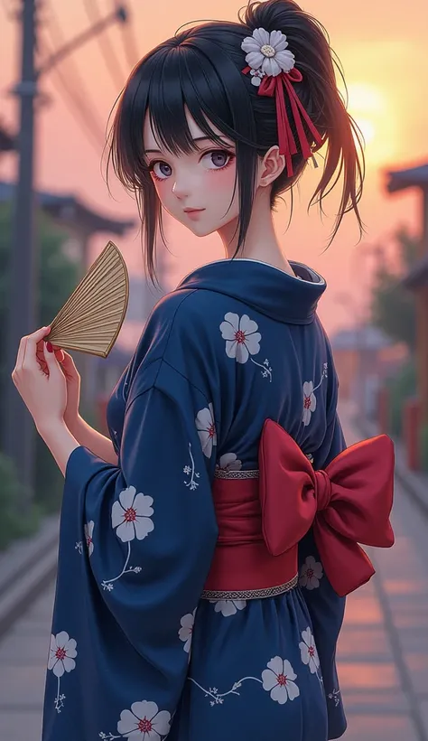 masterpiece,Alone,日本のyukataを着た日本の女性,A dignified appearance,yukata（Thin fabric),Navy Blue,[Morning Glory pattern ],(Red belt),Black Hair,(put her her up), simple hair ornament ,light makeup,fan,evening, happy atmosphere ,nostalgia,