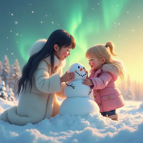  Create images of a young woman and a two-year-old girl a 20-year-old young woman ,  long straight black hair ,  of clothing wearing long white furry plush ,   the girl with golden yellow yellow blonde hair with long furry pink trench coat,
in the snow,  c...