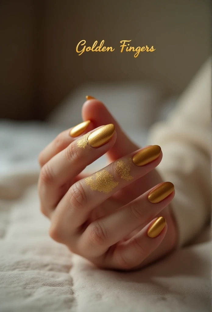 ((masterpiece)) ((photography)) ((Highest quality)) A close-up, sharp-focus image of ((one mans hand)), with ((the middle finger and index finger fully painted in a rich, shiny gold)). (((The gold paint should appear textured, reflecting the light in a way...