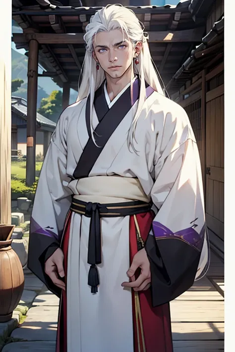 ((masterpiece)), (((best quality))), solo, 1 male, pale white skin, (long white hair), (((straight hair))), shoulder-length hair, side part, very handsome young man, lean, tall, (large pecs), (wide hips), (thick thighs) purple eyes, traditional japanese cl...